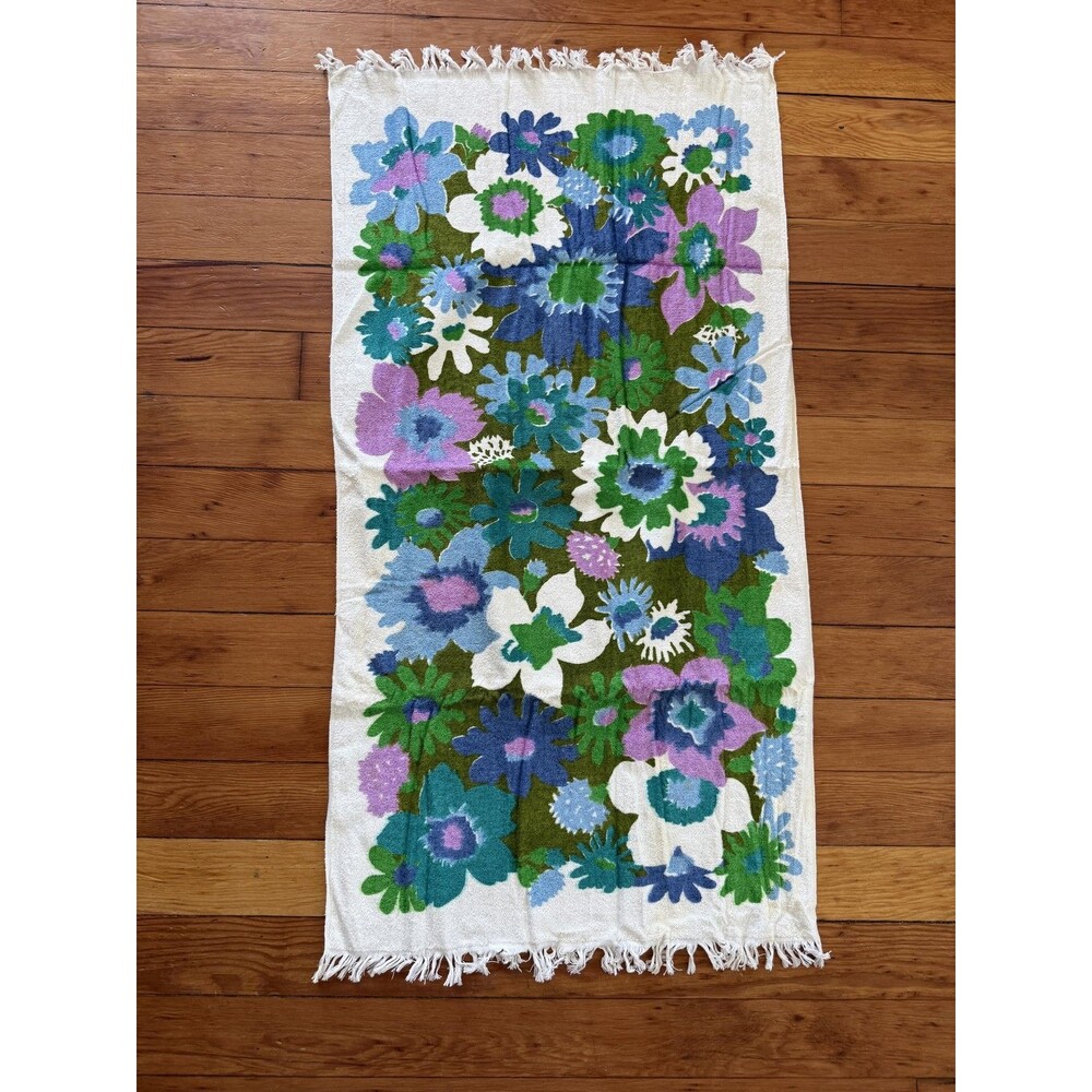 Floral Bath Towel 20x40 Multicolor Cotton Fringe Retro Flower Print Textured